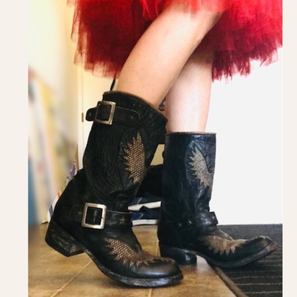 OLD GRINGO MEXICANA Black Leather Iron Eagle Studded Biker Boots 9.5 10 Like New - Picture 2 of 13